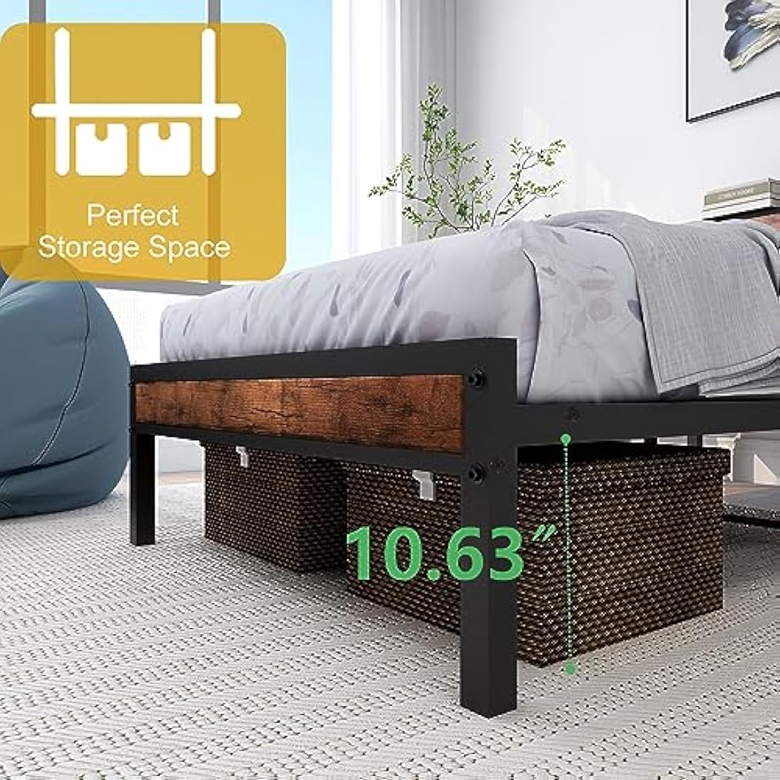 DUMEE Single Metal Bed Frame with Storage Headboard - Black & Brown