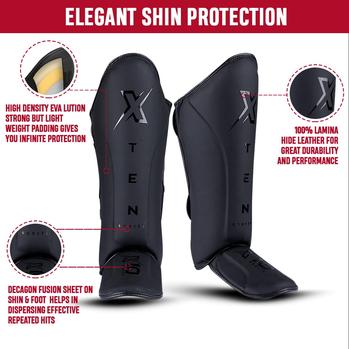XTEN SPORTS Muay Thai Shin Guards – Gel Padded Leather MMA Gear, Matte Black