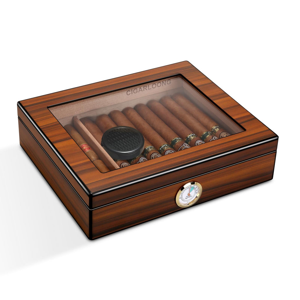 CIGARLOONG Cedar Wood Cigar Humidor | Brown Desktop Box with Glass Top
