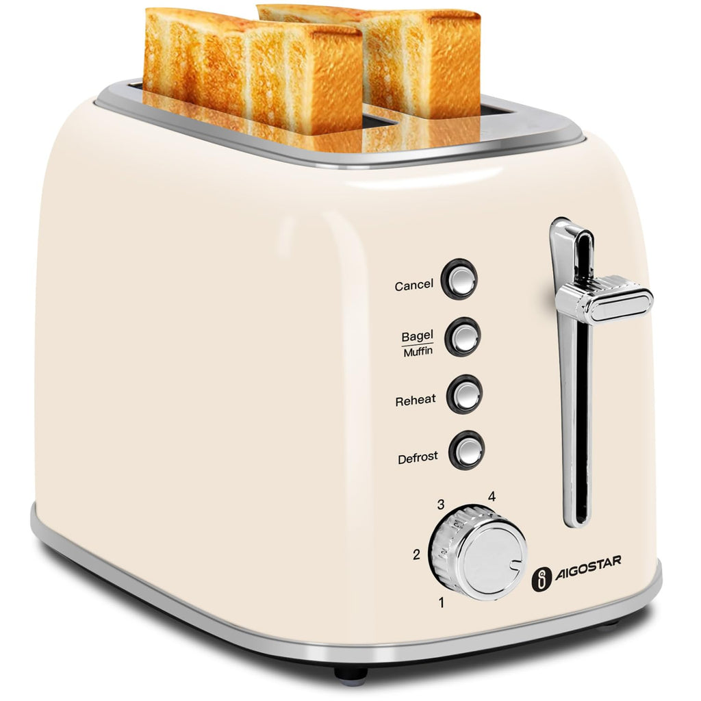 Aigostar 2-Slice Retro Toaster | Wide Slot Stainless Steel – Cream White