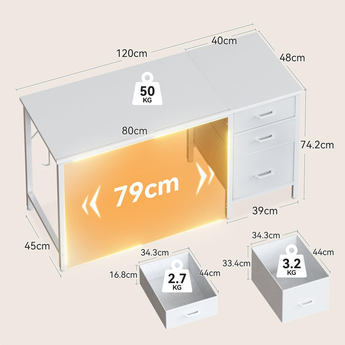 Coleshome Computer Desk with Drawers, 120cm Office Desk with Storage, White - image 3