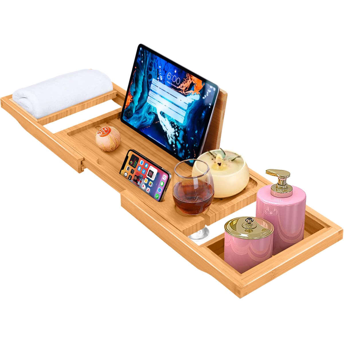 ADOV Luxury Bamboo Bath Caddy Tray – Extendable Wooden Bathtub Rack