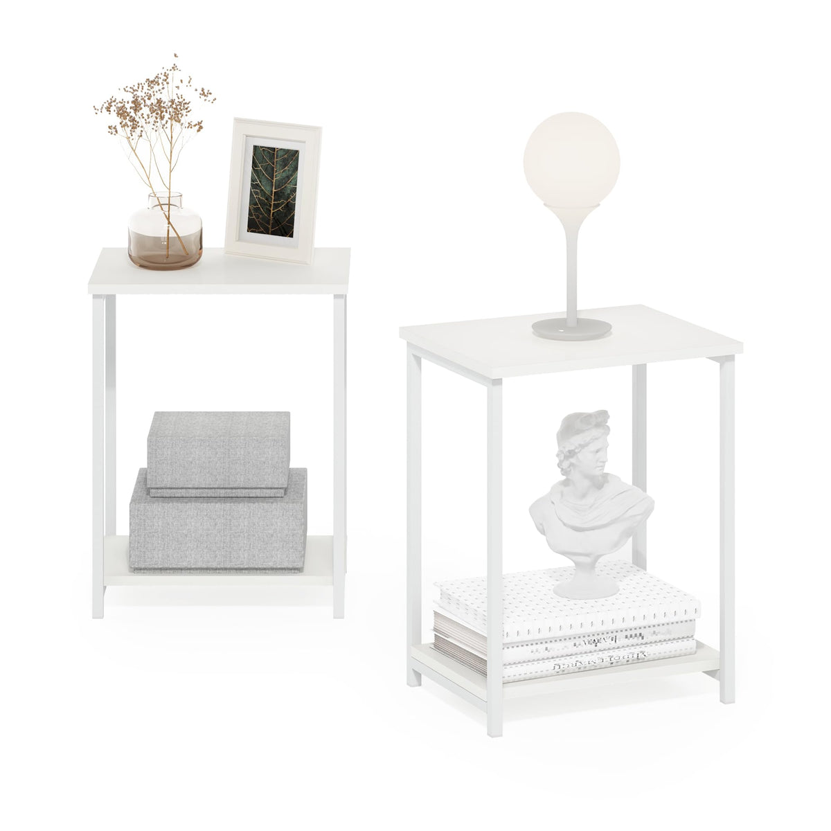 Furinno SIMPLISTIC Side Table Set of 2, 2-Tier Metal Frame End Table with Open Shelf, Night Stand, Bedside Table, for Living Room, Bedroom, White - image 1