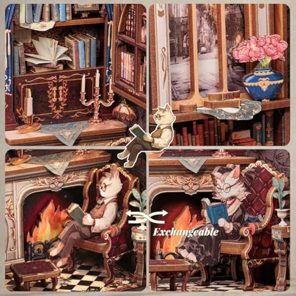 Fsolis Book Nook Kit - Count Cat's Study 3D Wooden Puzzle Miniature House