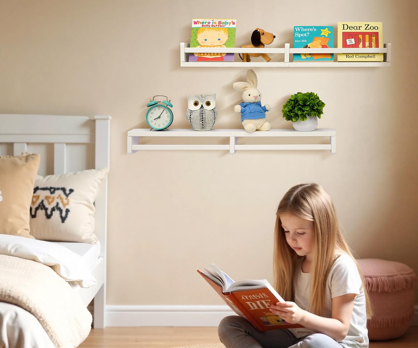 Gieanoo Nursery Book Shelves | Set of 2 White 80cm Solid Wood Floating Shelves