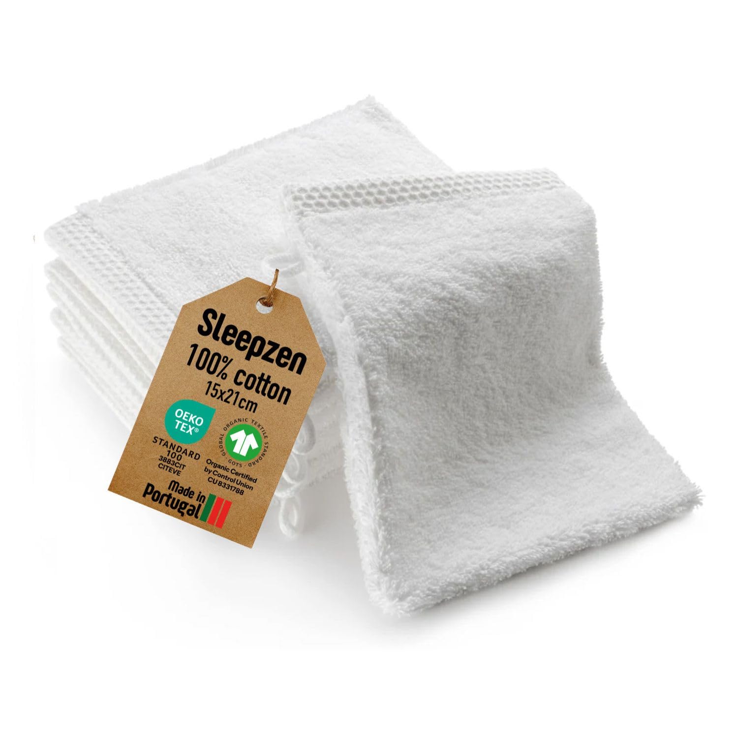 Sleepzen Organic Cotton Face Cloths - Set of 6 GOTS Washcloths - White