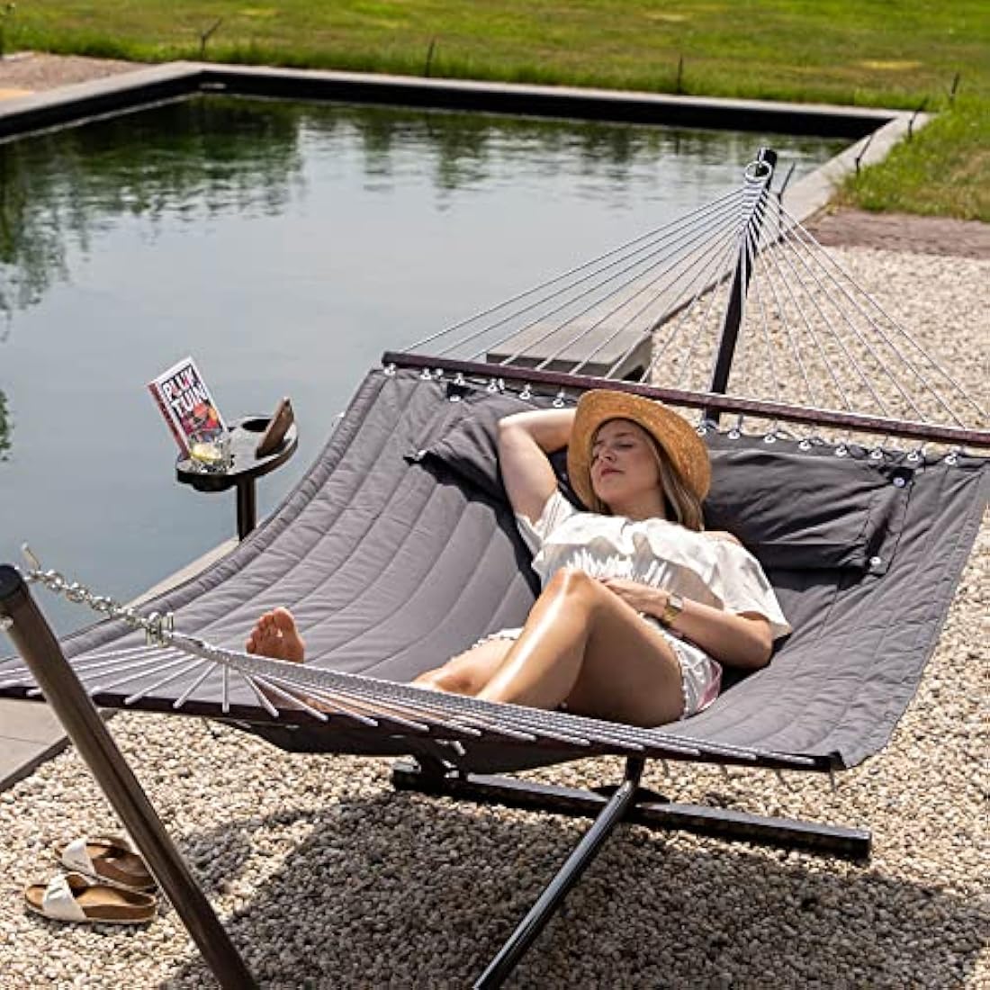 Vita5 Double Hammock with Heavy Duty Stand, Side Table & Pillow - Dark Grey