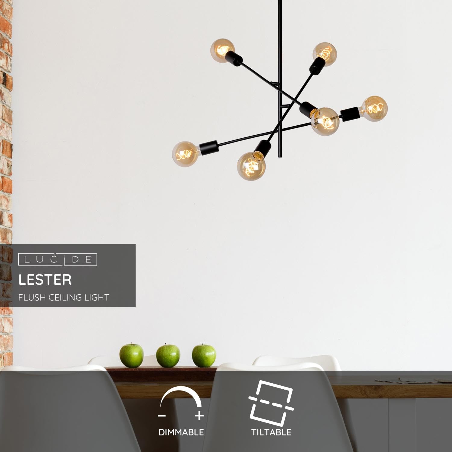 Lucide Lester Flush Ceiling Light – 6xE27 Modern Black Metal Fixture