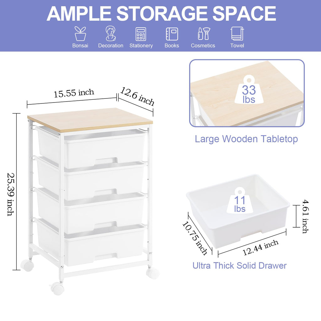 SYKIARIOL 4-Drawer Rolling Storage Cart with Wooden Top | Bright White