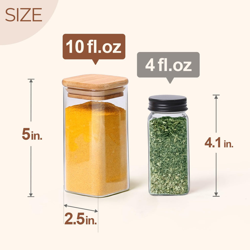 ComSaf 10oz Glass Spice Jars with Bamboo Lids - 12 Pack Square Containers
