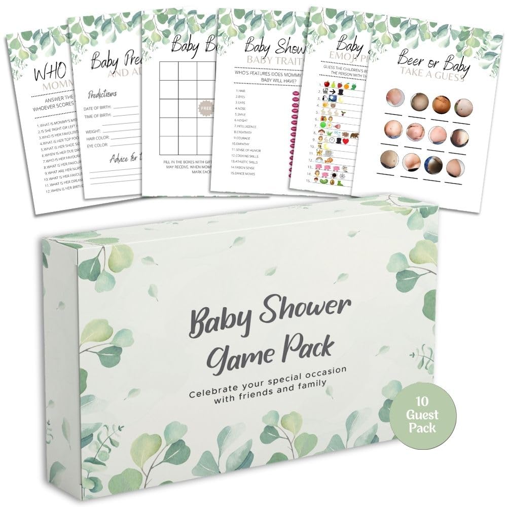 Baby Shower Games Bundle - 6 Activities for 10 Guests (Eucalyptus)