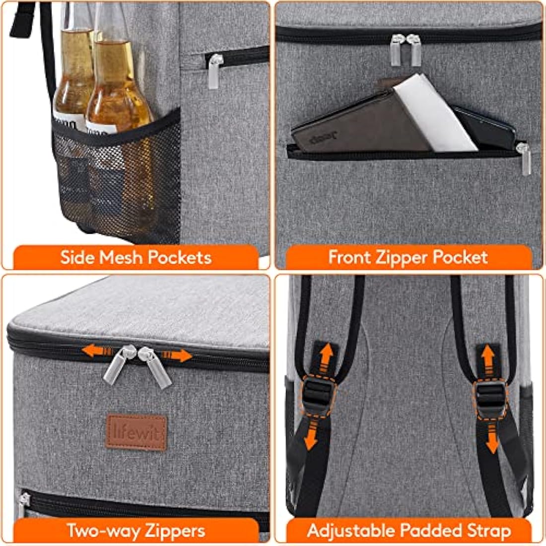 Insulated Cooler Backpack – Large Soft Sided Bag, Grey