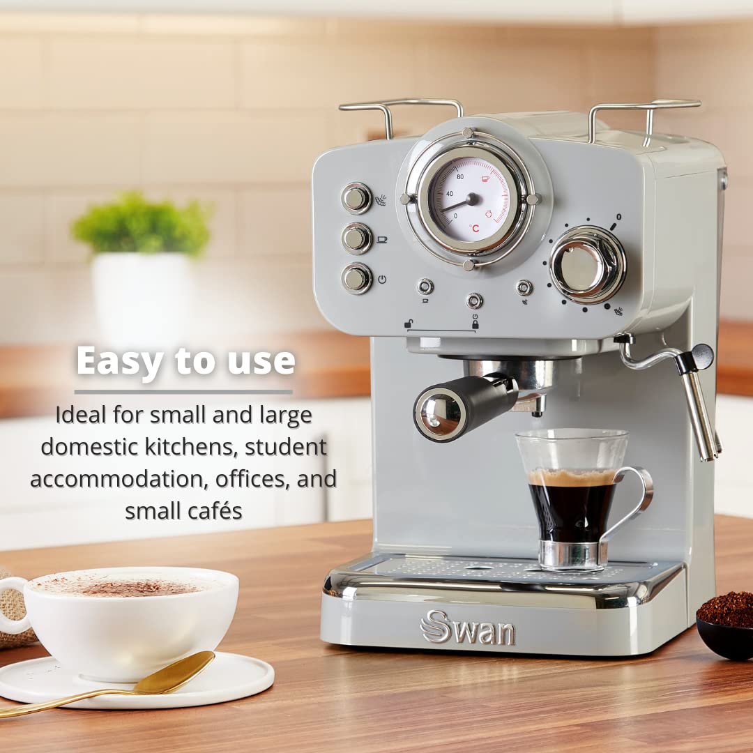 Swan Retro Espresso Coffee Machine with Milk Frother - 1.2L, Retro Grey