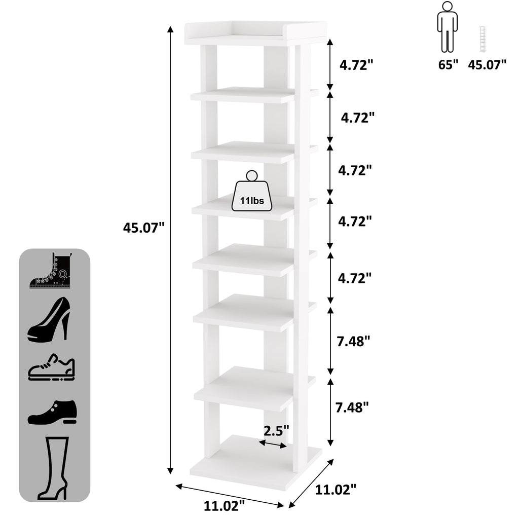 HOME BI 7-Tier Narrow Shoe Rack – Slim Wooden Corner Storage Tower, White