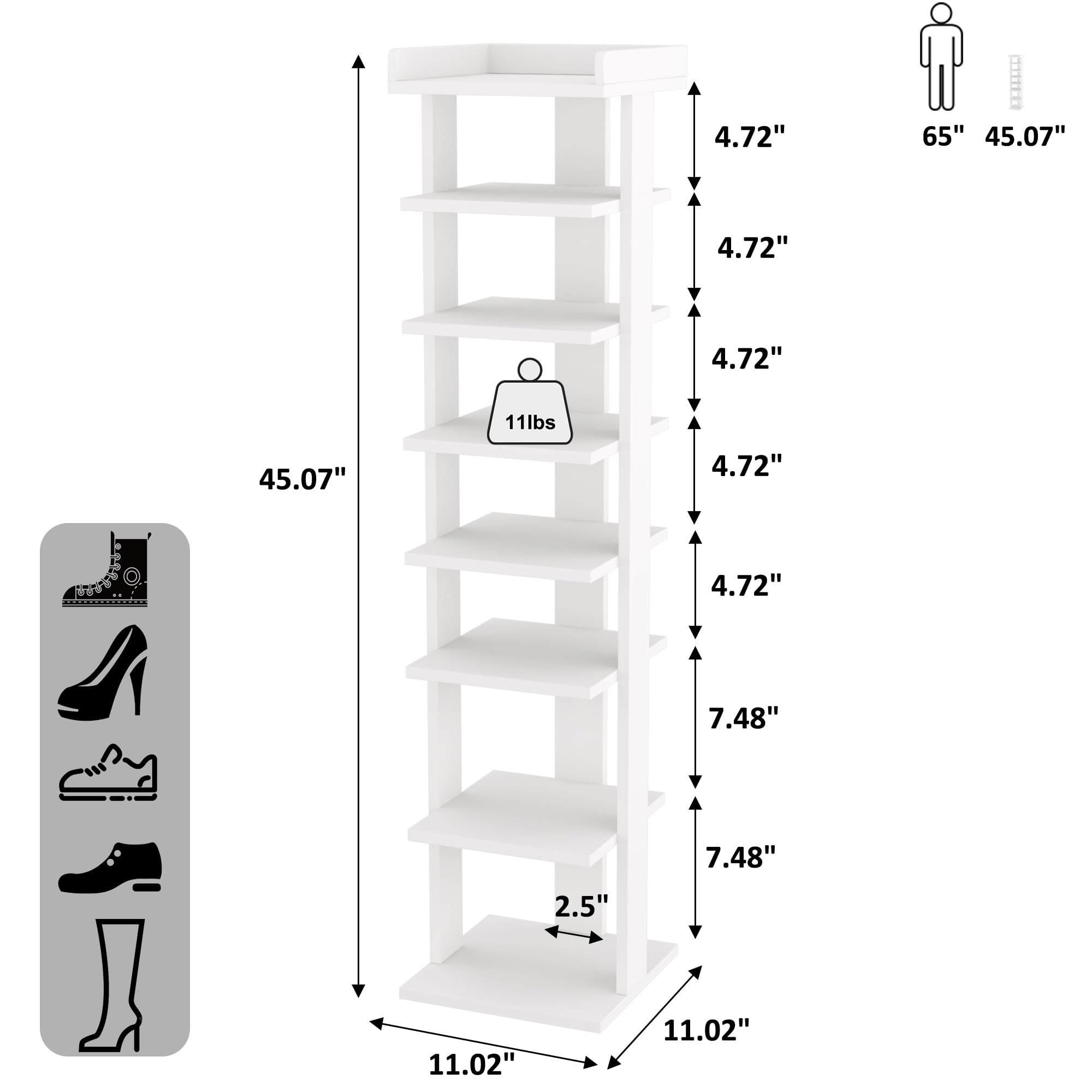 HOME BI 7-Tier Narrow Shoe Rack – Slim Wooden Corner Storage Tower, White