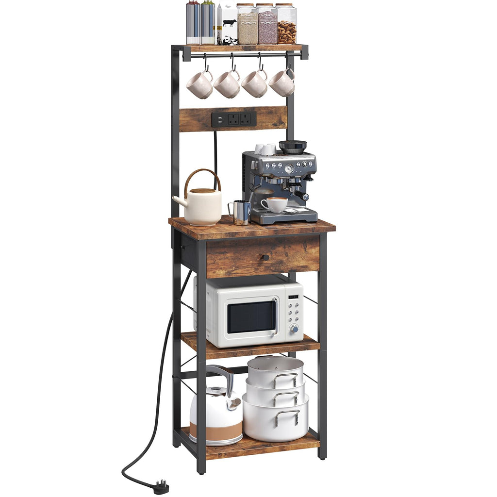 MAHANCRIS Bakers Rack, Microwave Stand, Coffee Bar Station, Kitchen Storage Shelf Rack with Drawer and Power Strip, 4 Hooks, for Kitchen, Living Room - image 1