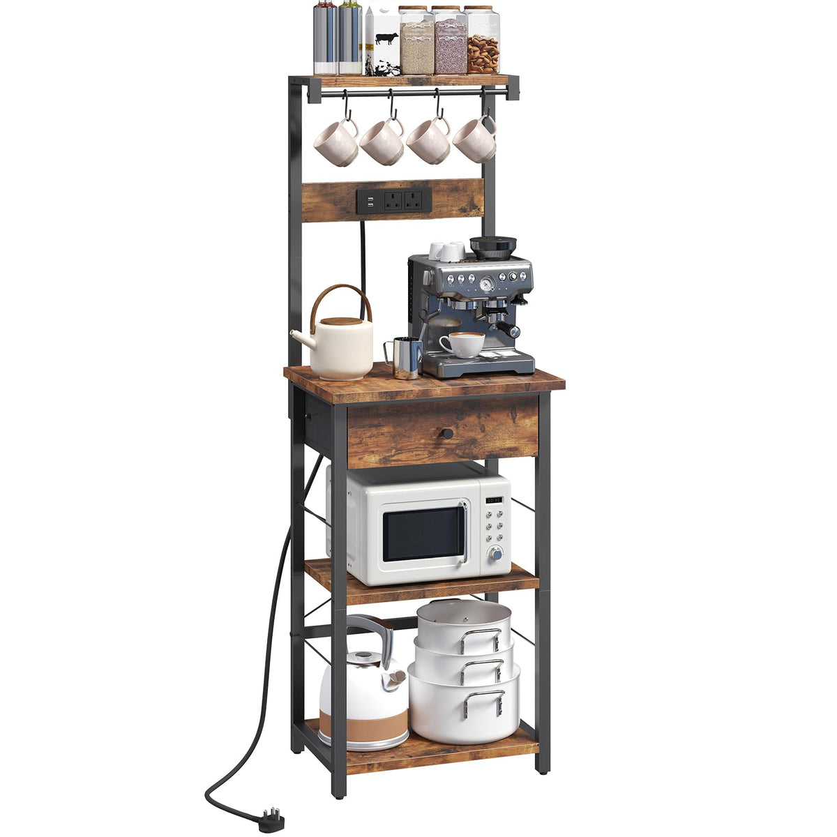 MAHANCRIS Bakers Rack, Microwave Stand, Coffee Bar Station, Kitchen Storage Shelf Rack with Drawer and Power Strip, 4 Hooks, for Kitchen, Living Room - image 1