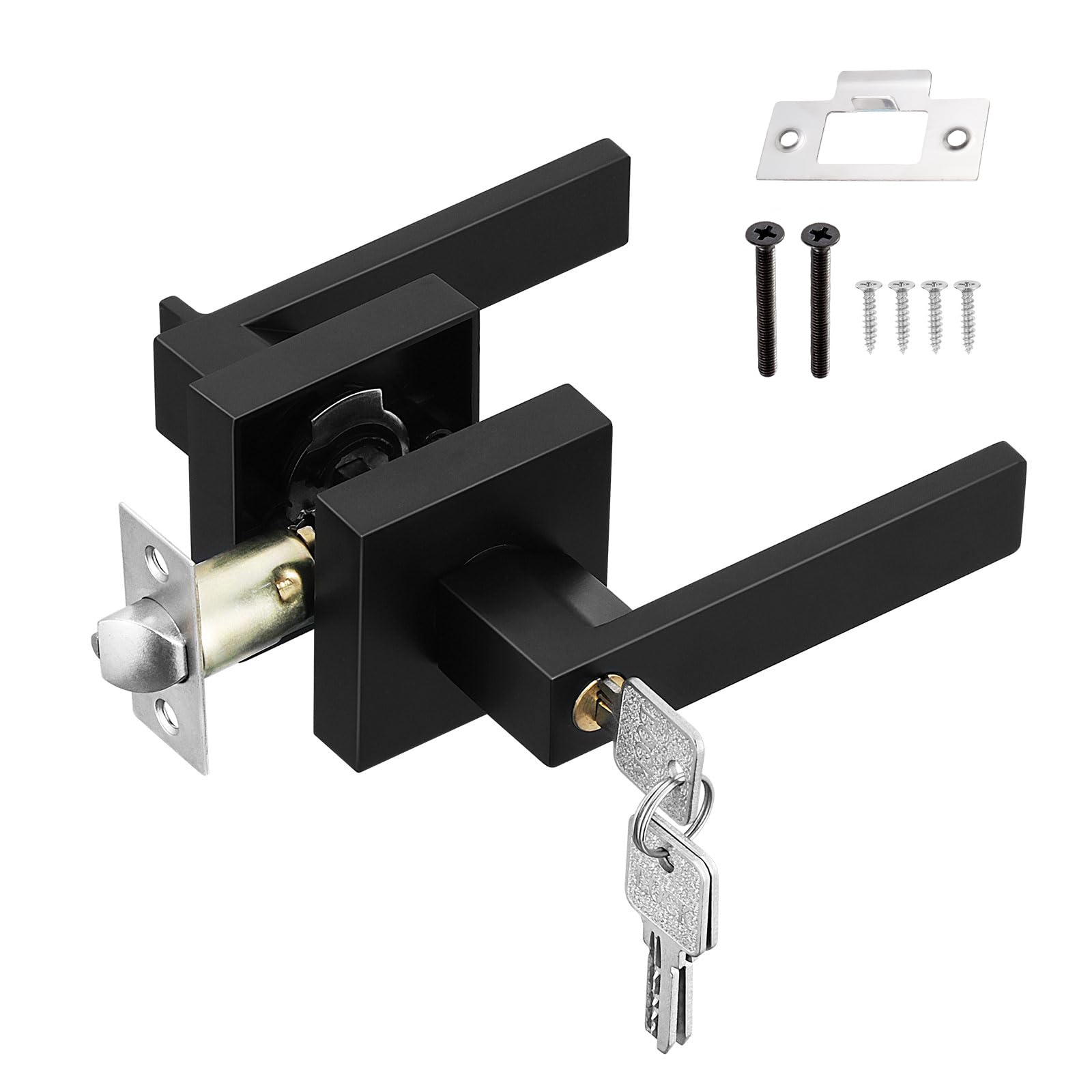 HSEAMALL Black Square Door Lever Handle Lock with Keys for Bedroom