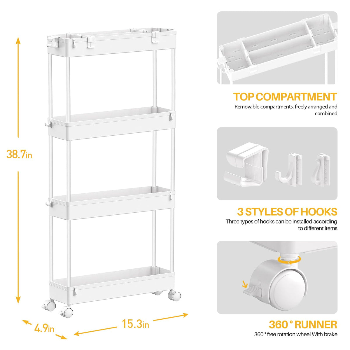 SAKA Slim Storage Cart,4 Tier Bathroom Rolling Utility Cart Storage Organizer Slide Out Cart - image 3