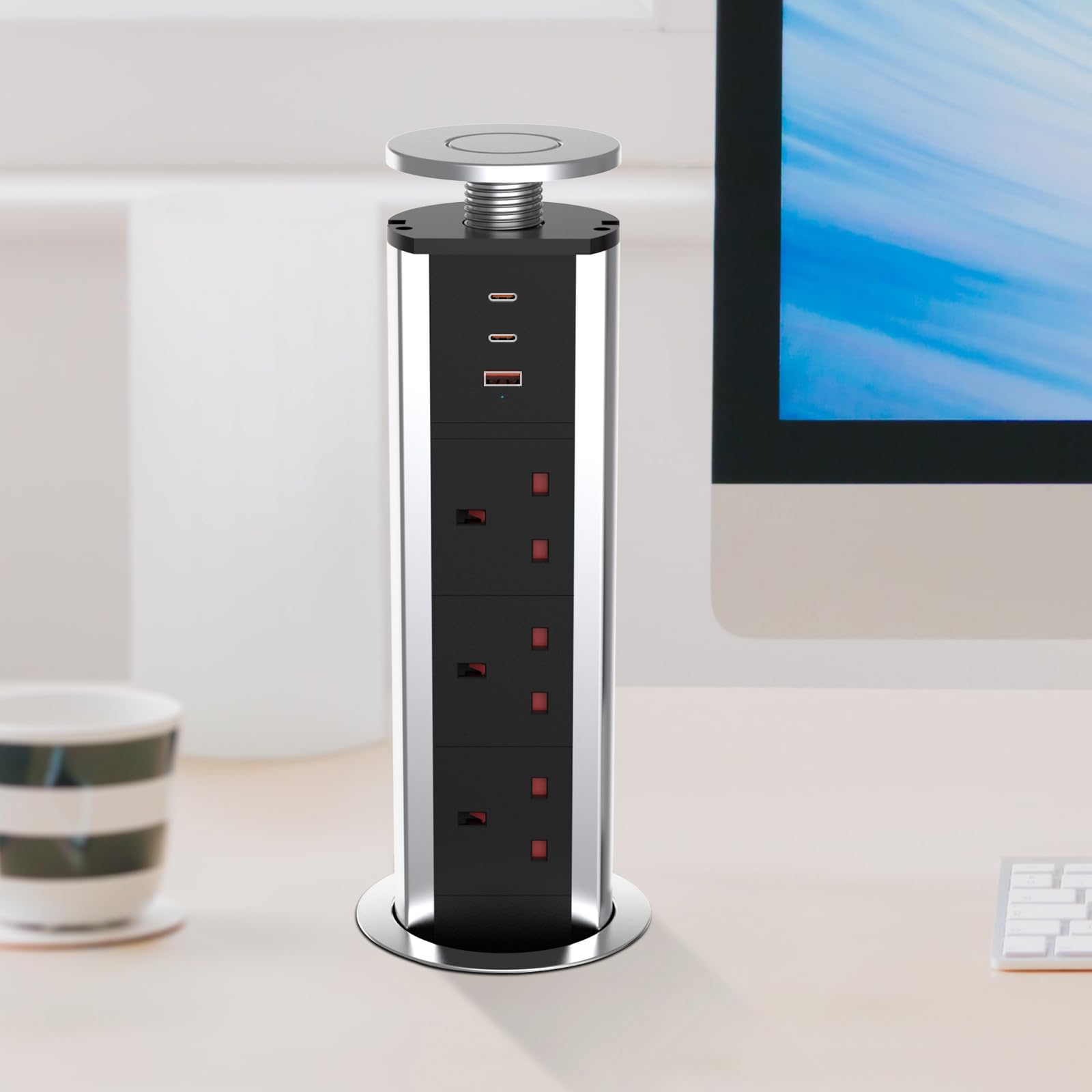 CURUK Pop Up Socket for Kitchen Worktops | 3 Plugs & 3 USB Ports – Silver