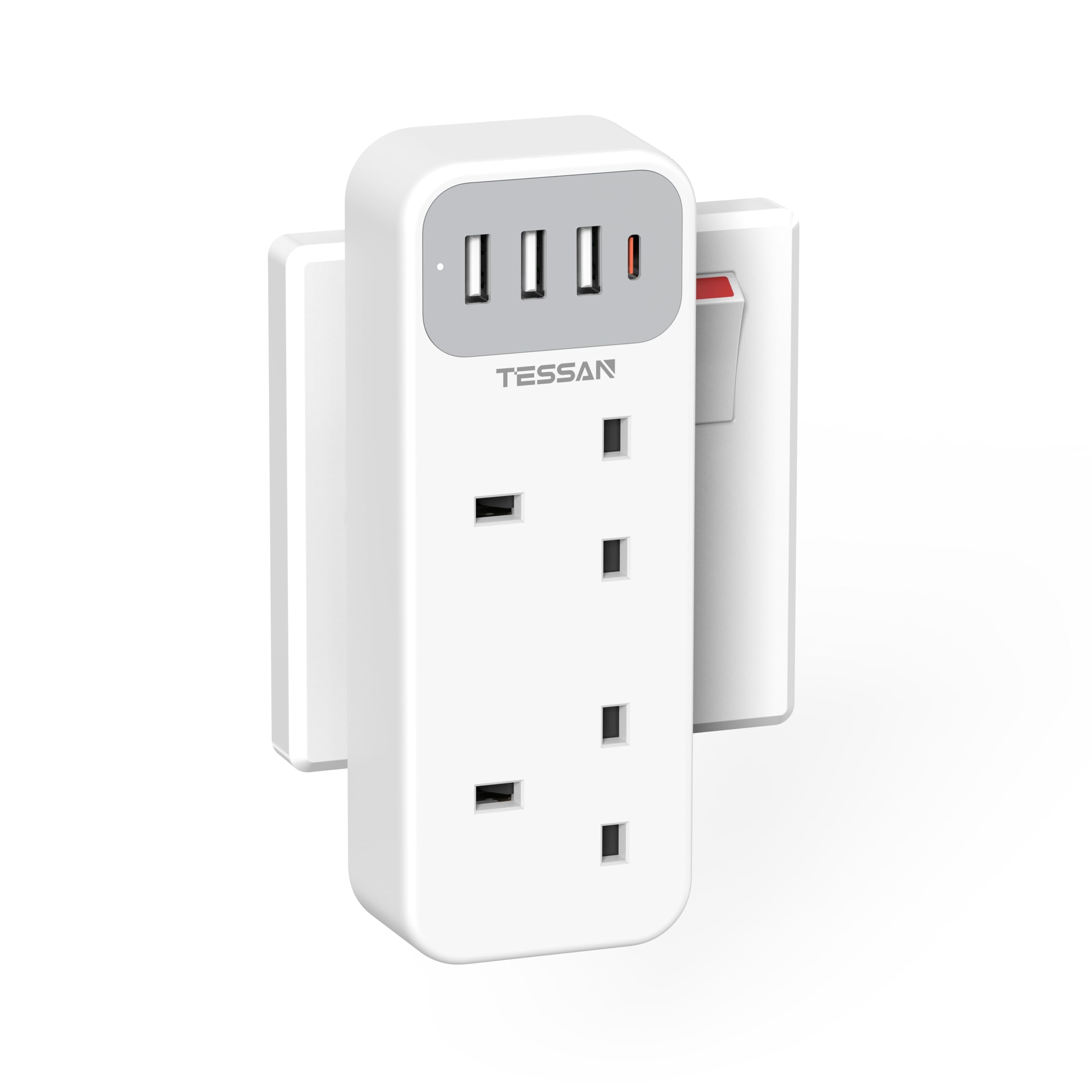 TESSAN Double Plug Extension Socket with 3 USB-A & 1 USB-C Port