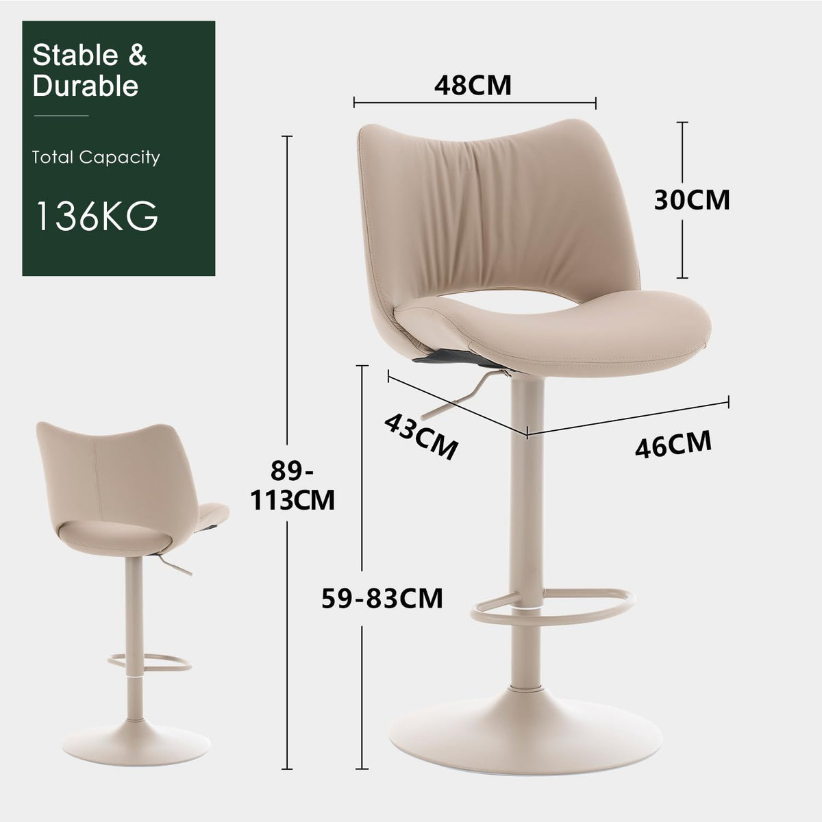 YOUNUOKE Bar Stools Set of 2, Adjustable Breakfast Bar Stools, All Khaki - image 2