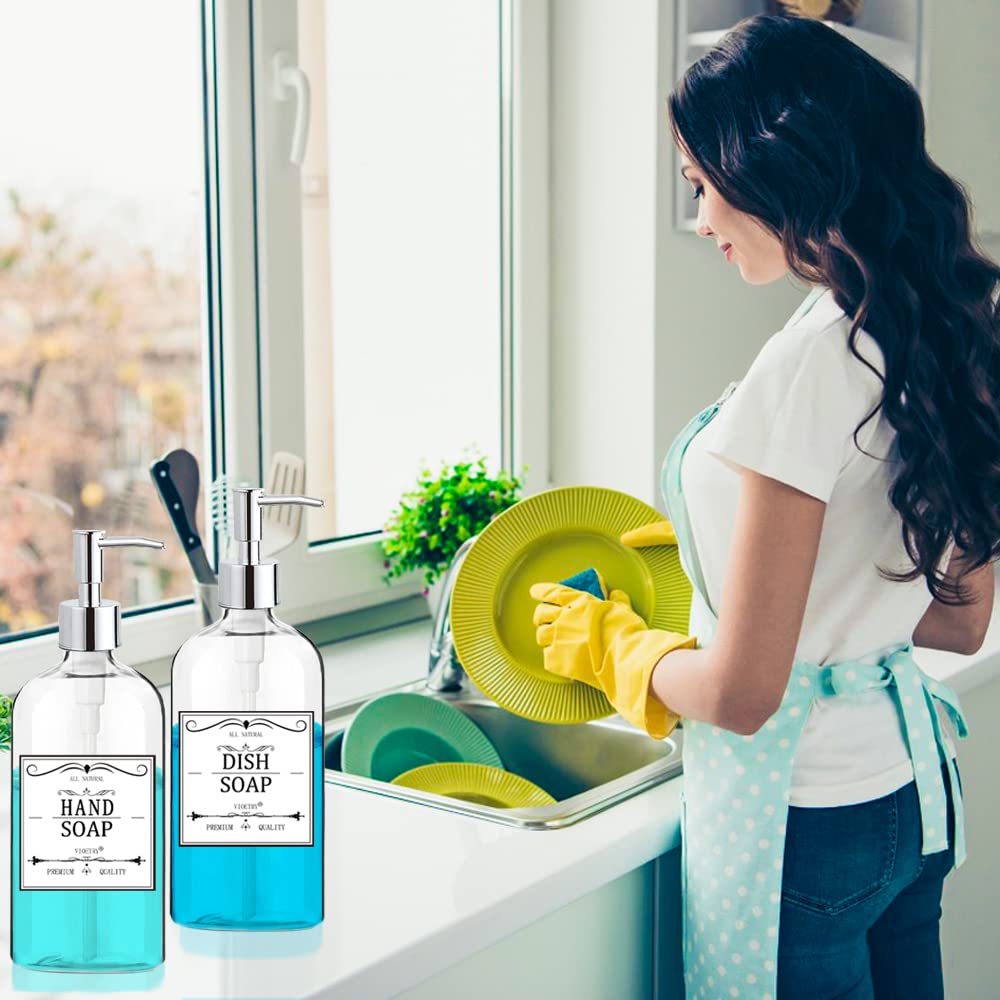 Clear Soap Dispenser with Rust Proof Pump, Waterproof Labels 2 Pack,16 Oz, Plastic Hand Soap Dish Soap Dispenser for Kitchen Bathroom