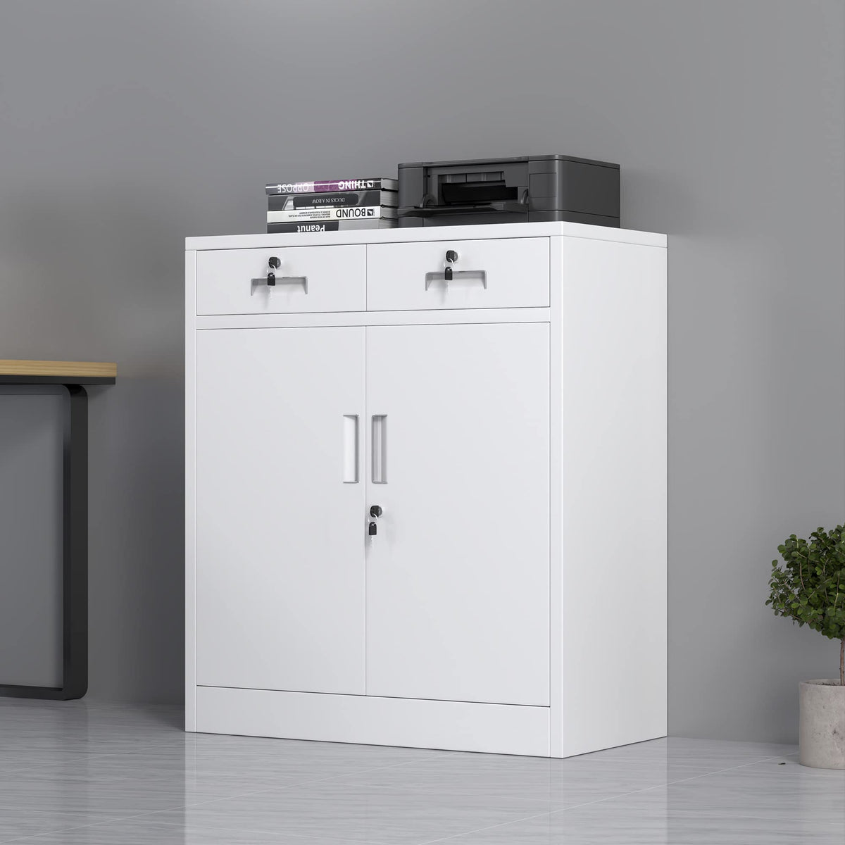 JINGUR Metal Storage Cupboard with Locking Doors and 2 Drawers White