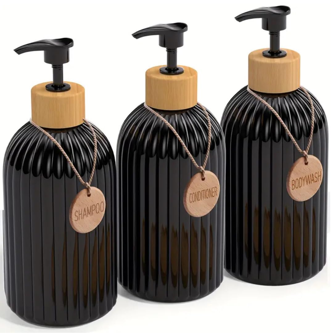 Jolof Store Set of 3 Black Soap Dispensers with Bamboo for Bathroom