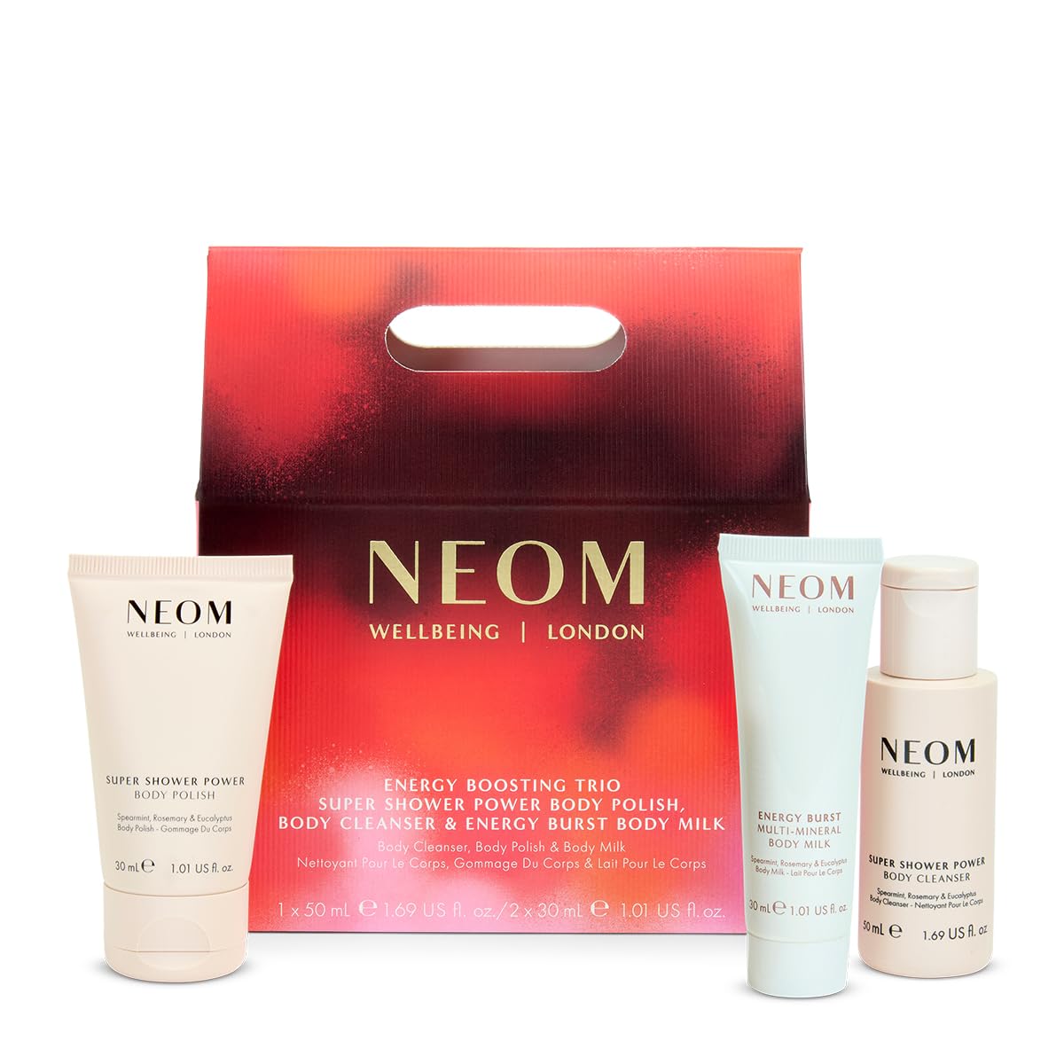 NEOM Energy Boosting Trio Gift Set | Natural Body Cleanser & Polish