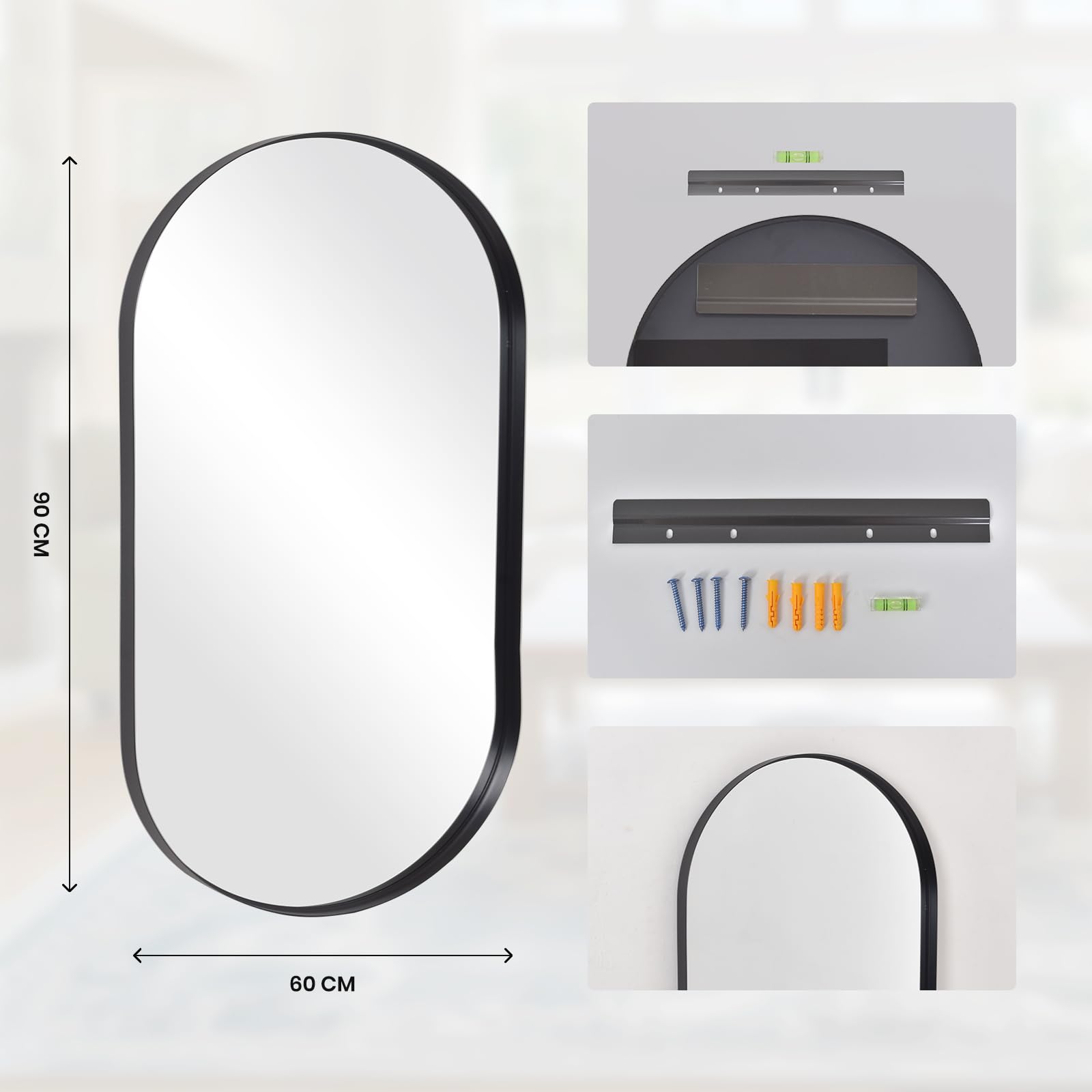 LunaMirror Oval Bathroom Vanity Mirror – 60x90 CM Black Metal Frame