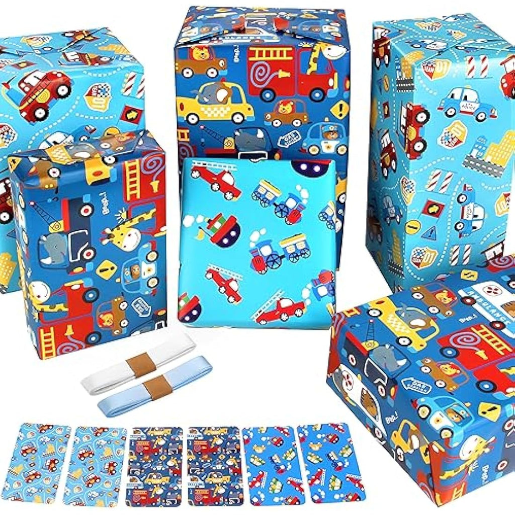 Kids Birthday Gift Wrap Set – Animal & Vehicle Paper Sheets