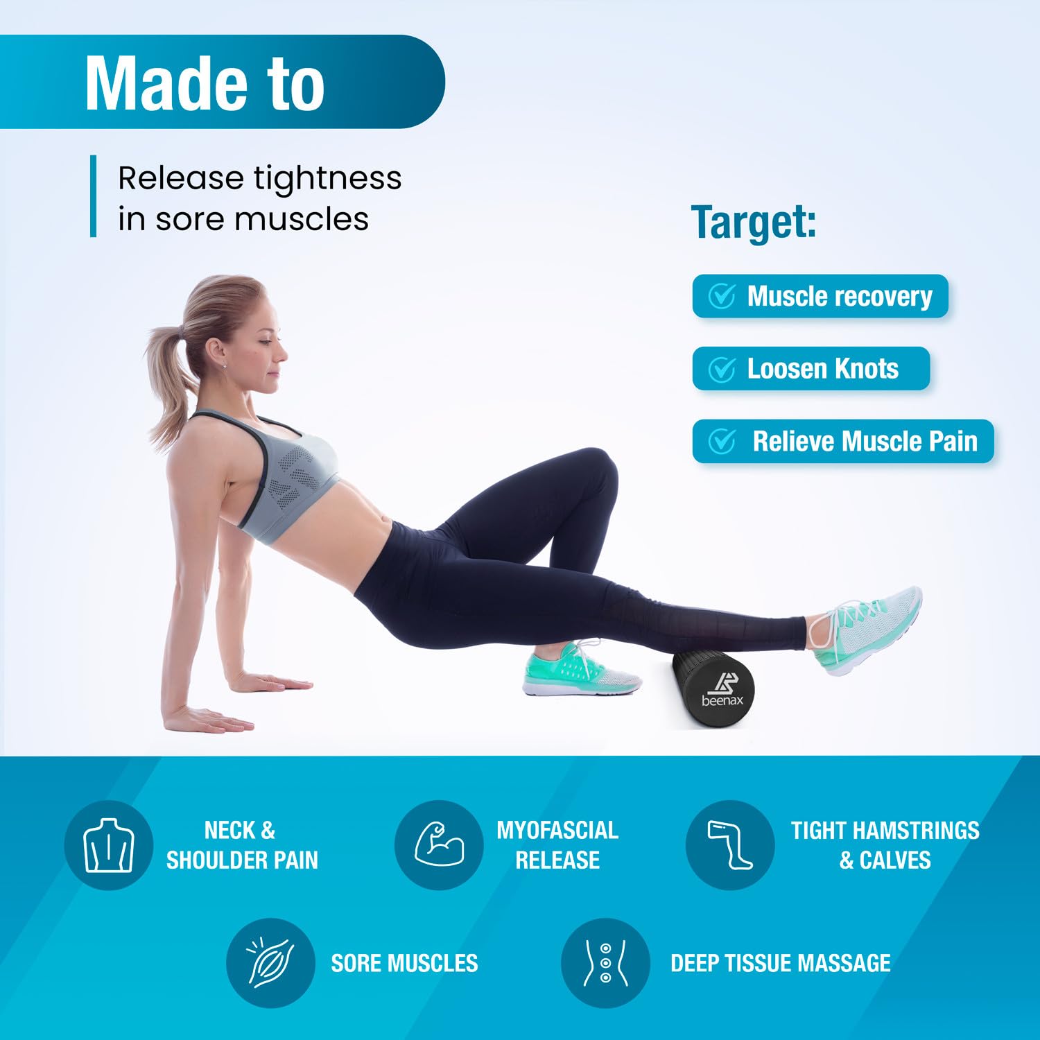 Beenax 90cm High Density Foam Roller – Deep Tissue Muscle Massage