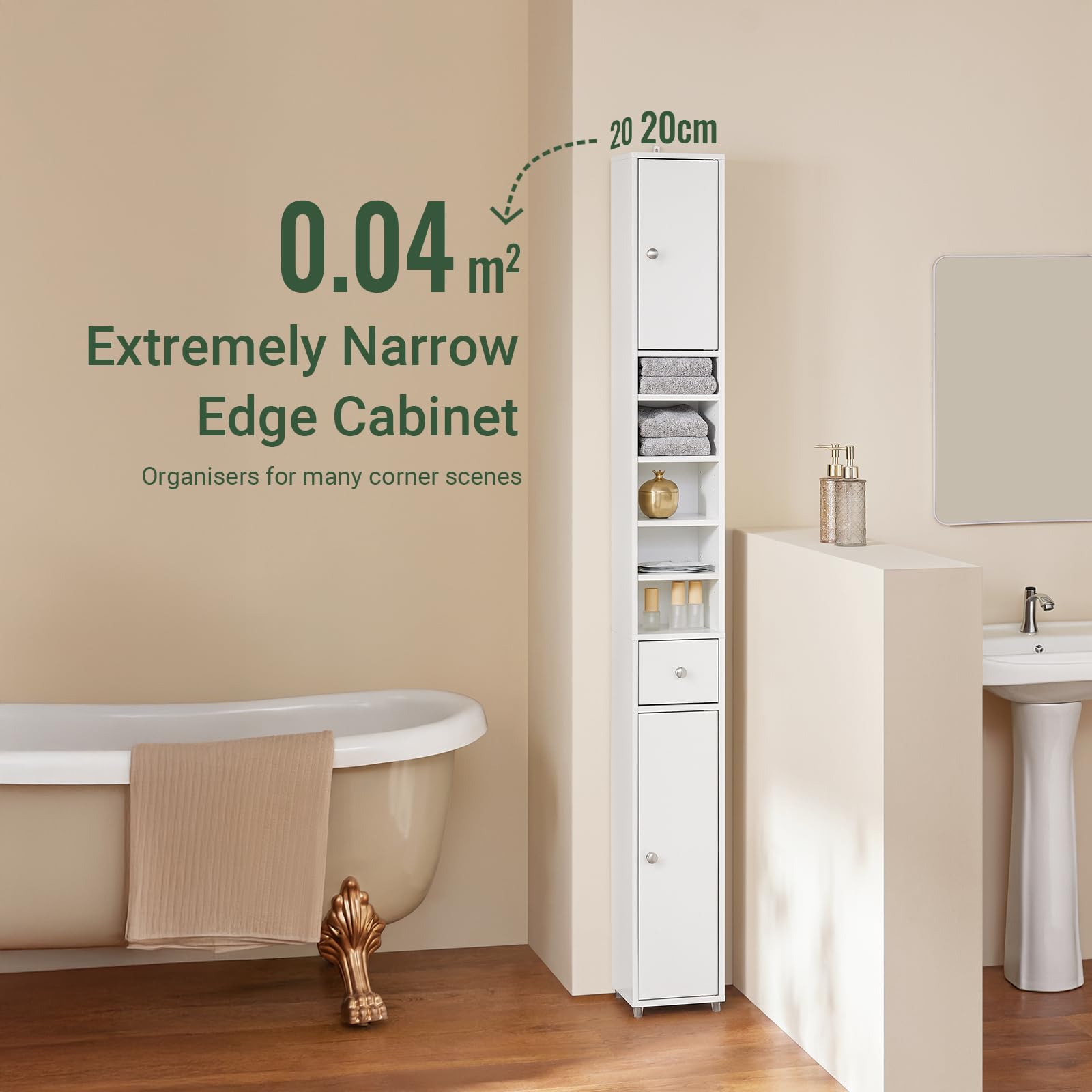 SoBuy Narrow Bathroom Tall Cabinet – Slim Storage Cupboard in White MDF