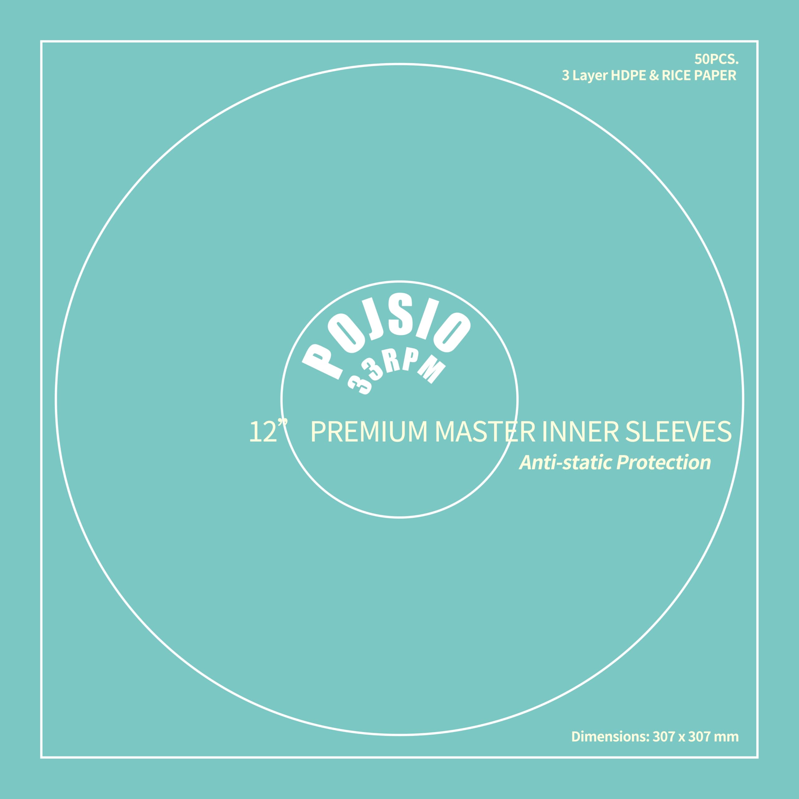 POJSIO 12 Inch Anti-Static Vinyl Record Sleeves - 50 Pack HDPE Rice Paper