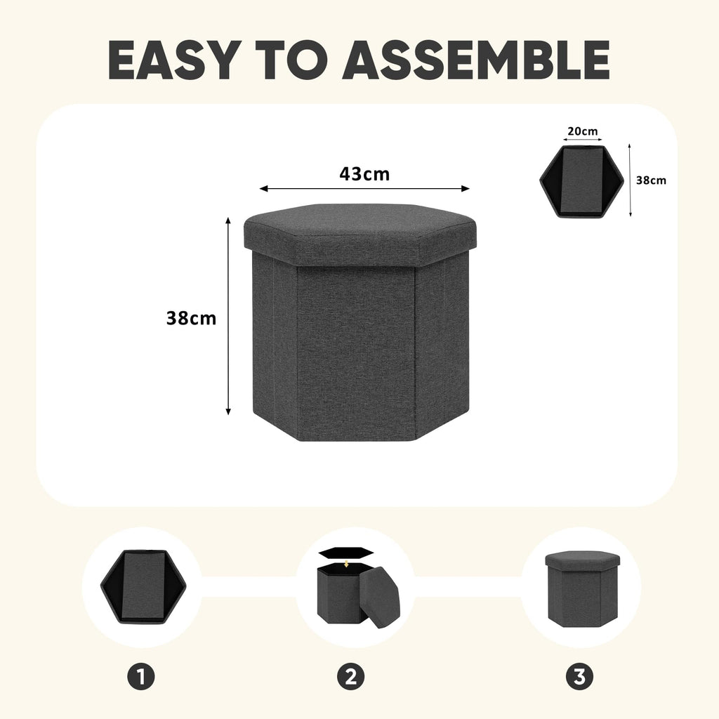 PINPLUS Folding Storage Ottoman, Linen Hexagonal Footrest, Dark Grey - image 3
