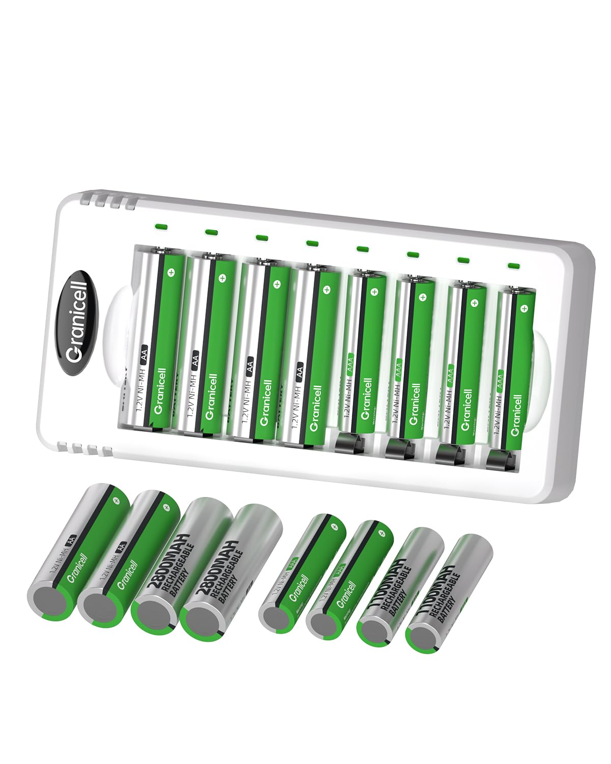 Granicell 8-Bay Smart Battery Charger with 8 AA and 8 AAA NiMH Batteries