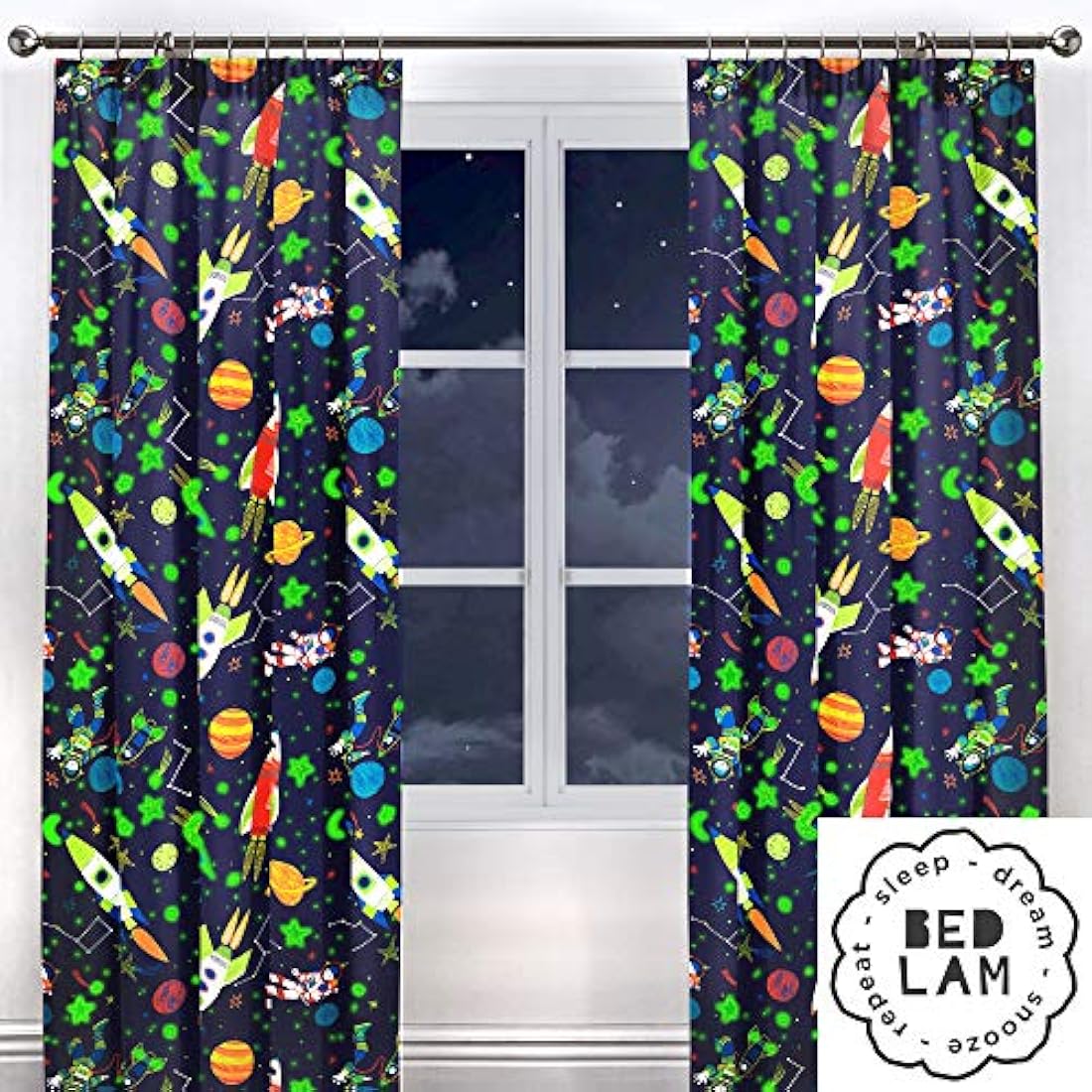 Bedlam Supersonic Glow in the Dark Kids Space Curtains - Blue, 66x72