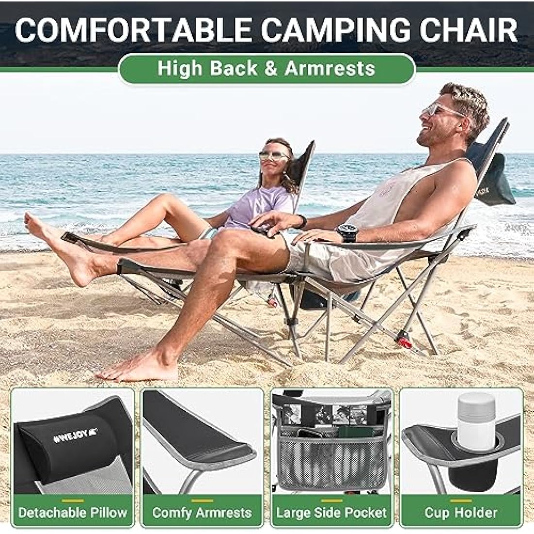 WEJOY Folding Recliner Camping Chairs with Footrest, Black - Set of 2