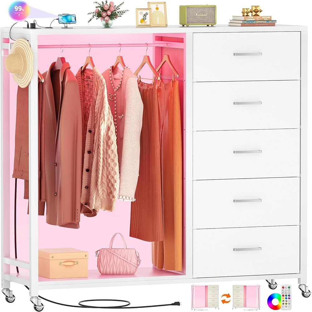 iSunirm 5-Drawer Dresser with Charging Station and Clothes Rack | White
