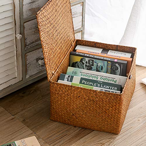DOKOT Seagrass Storage Baskets with Lids Natural Wicker Basket Medium 30cmx18cmx15cm H