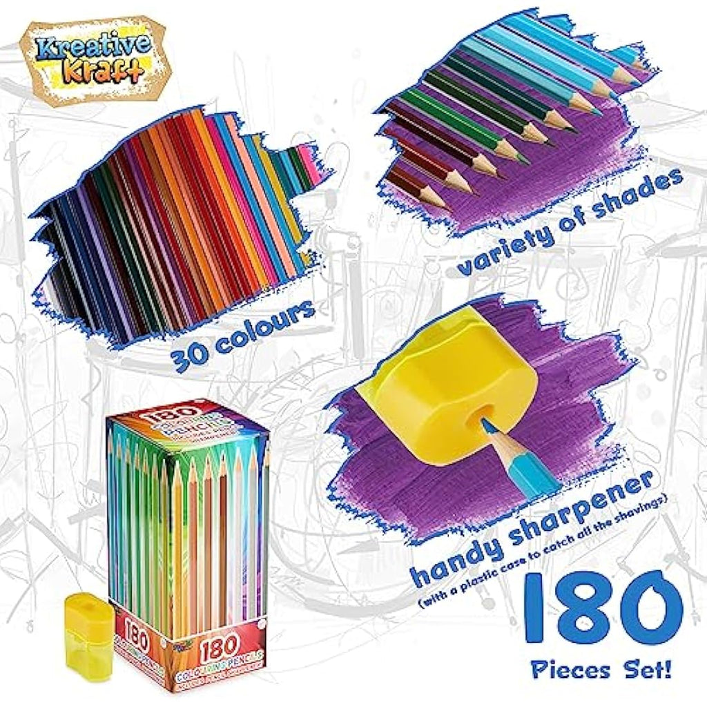 KreativeKraft Coloured Pencils Set of 180 – Art Supplies with Sharpener