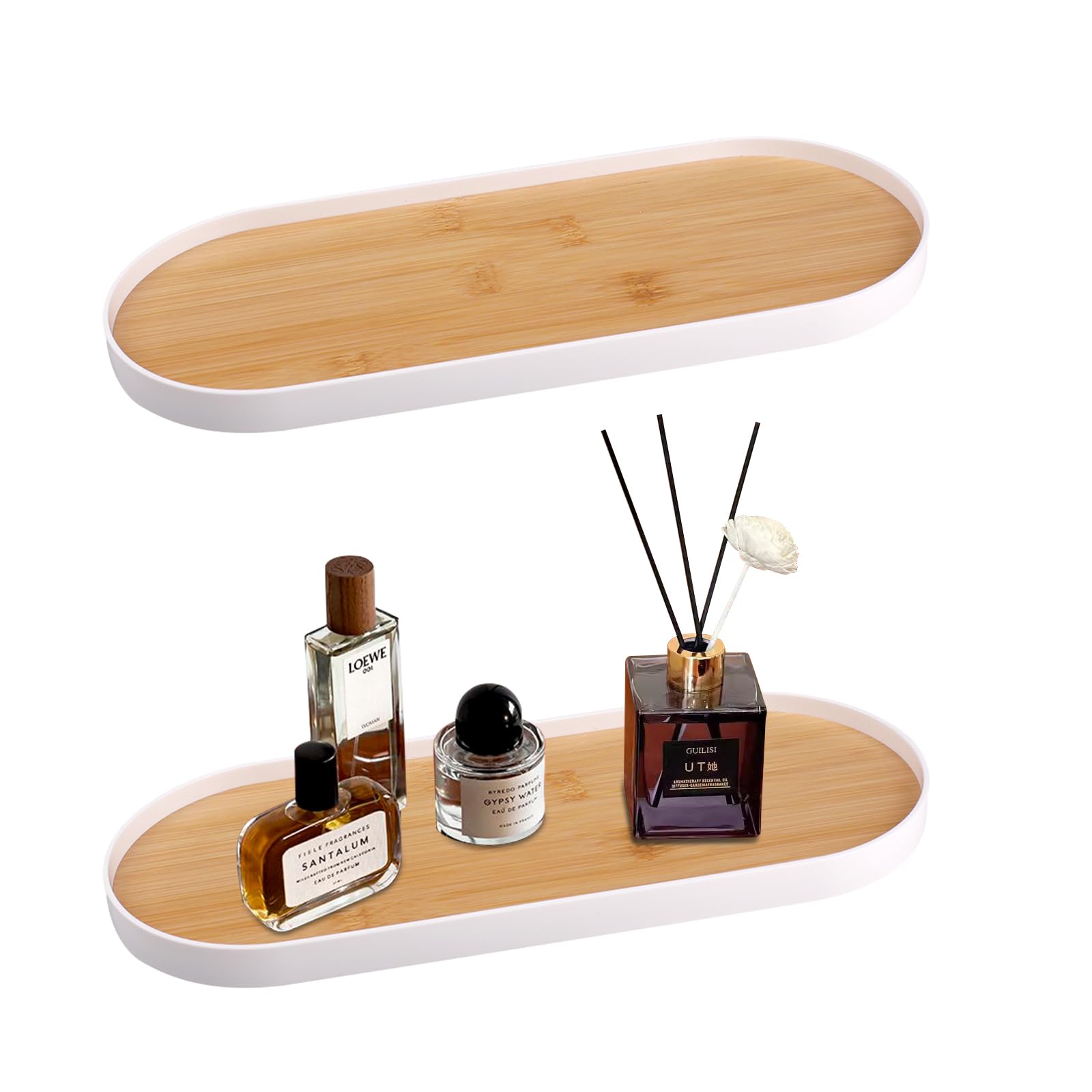 Rongxze 2-Piece Oval Wooden Trays – White Rim Decorative Vanity Tray