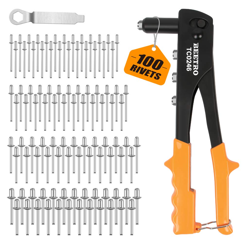BEETRO Heavy Duty Hand Riveter Gun Set with 4 Nosepieces and 100 Rivets