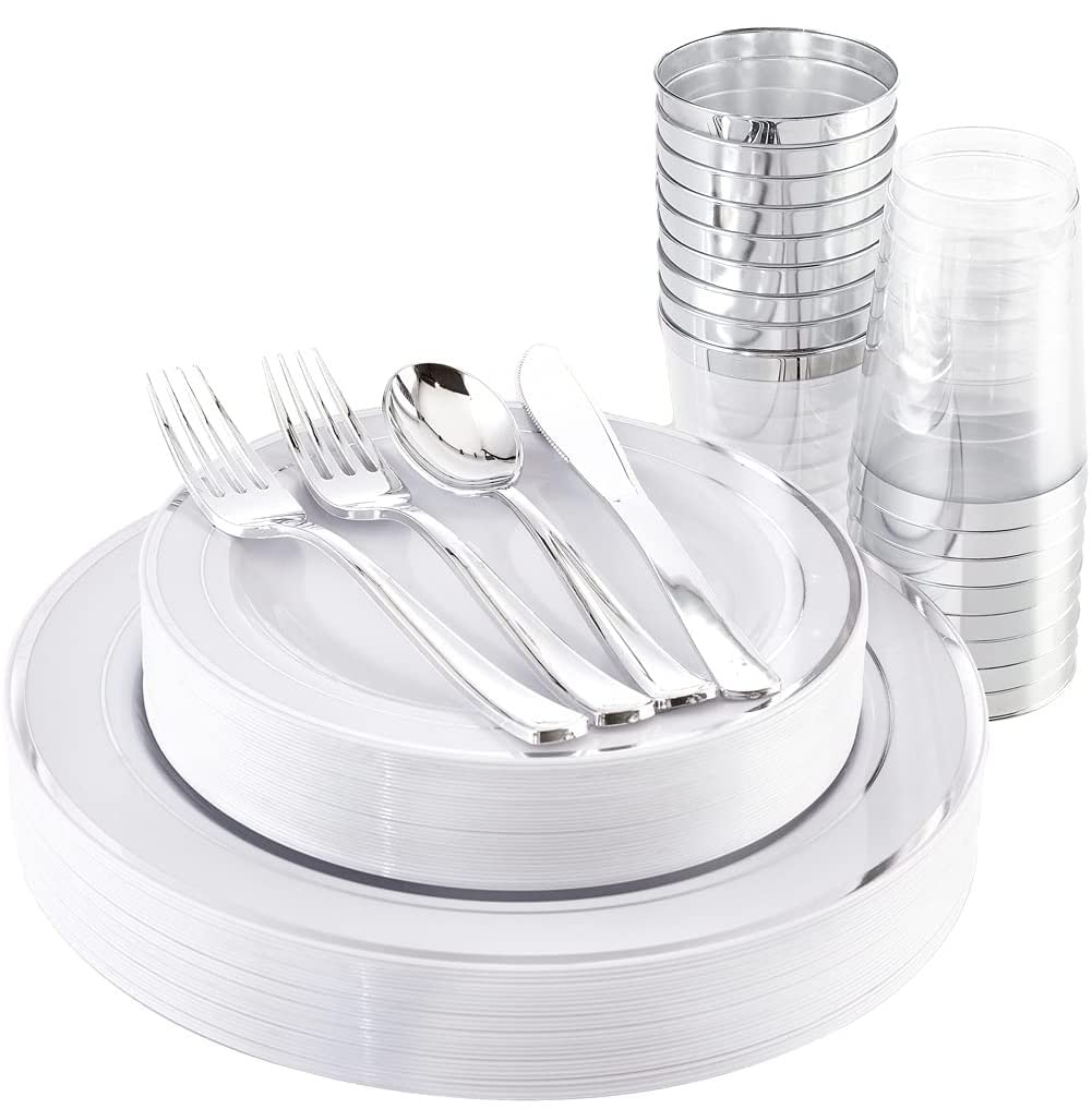 LATERN 150-Piece Silver Rim Plastic Dinnerware Set – Reusable Party Supplies