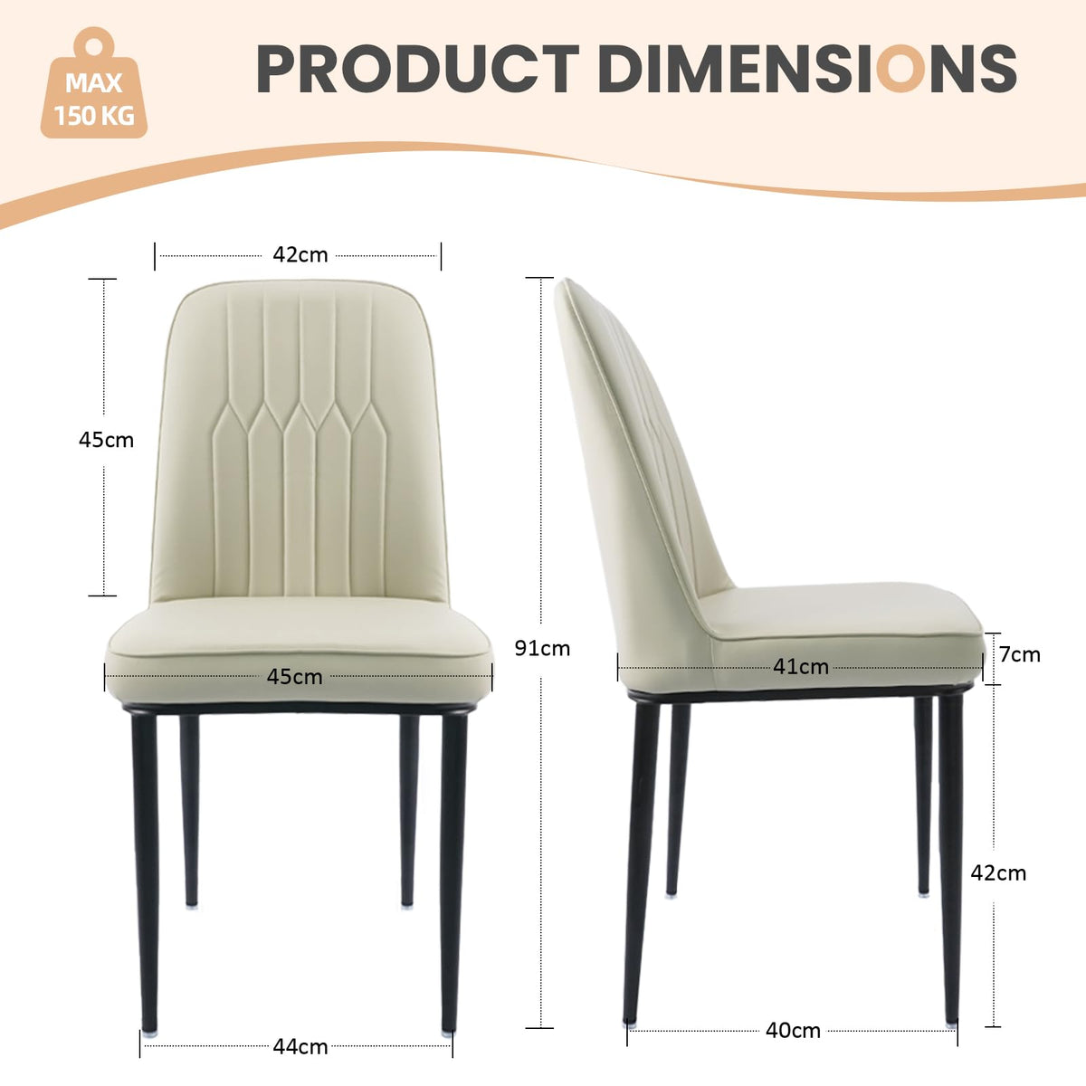 Durrafy Dining Chairs Set of 2 - Off-White Upholstered High Back Kitchen chair with Non-Slip Metal Legs - image 3