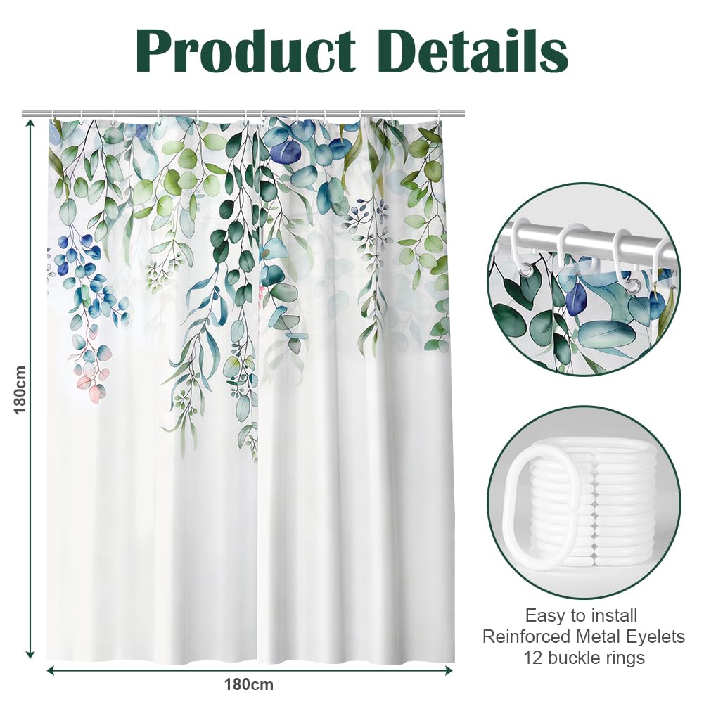HAGOT Shower Curtain, Water and Mould Resistant Bathroom Curtain, Polyester Machine Washable Fabric, Bath Curtain with Hooks, 180 x 180 cm - image 2