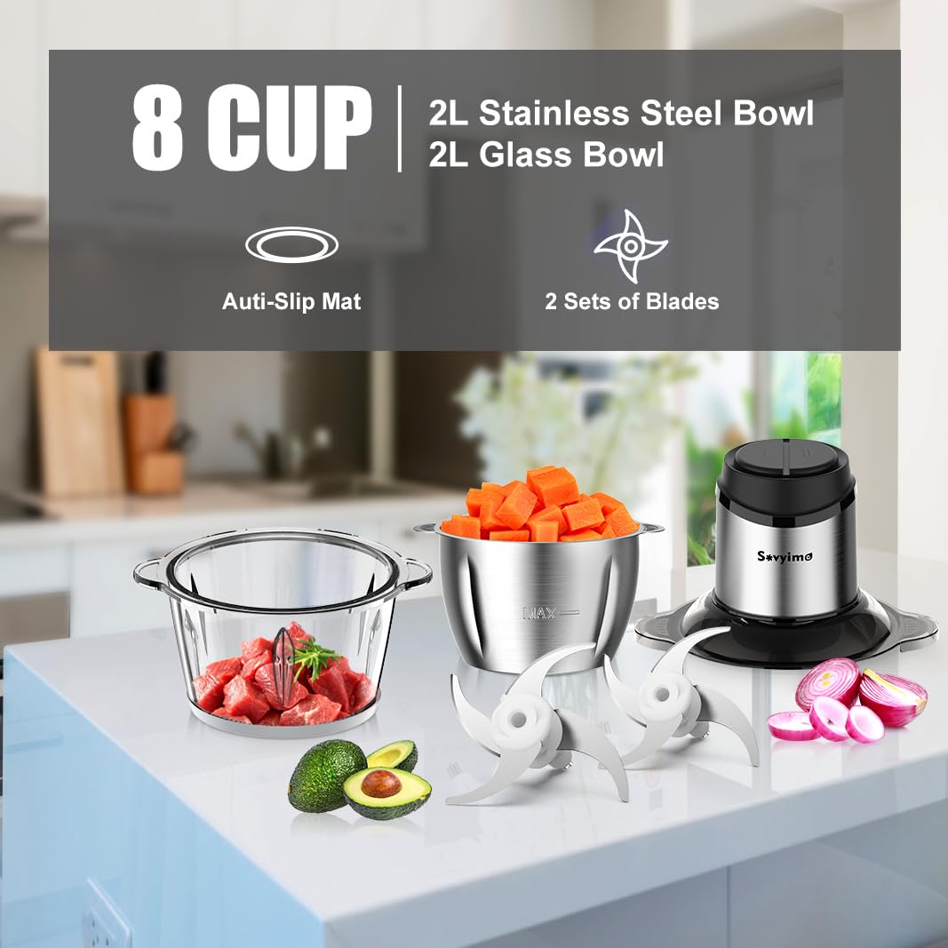 Sovyime Electric Food Processor | 2L Glass & Steel Bowls Meat Grinder
