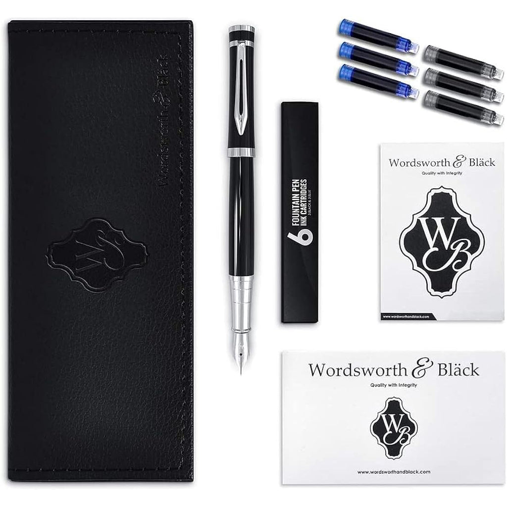 Wordsworth & Black Fountain Pen Set – 18K Gilded Nibs in Black Chrome