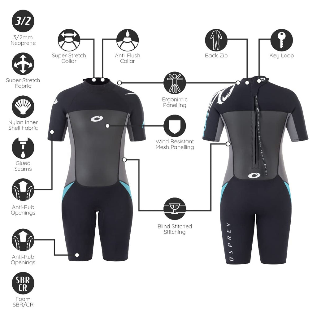 Osprey Women's Origin Shorty Wetsuit – 3/2mm Neoprene - Black/Blue